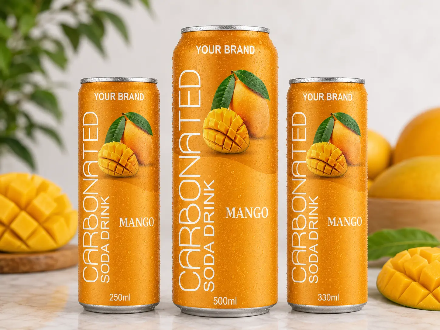 CARBONATED SODA DRINK Mango flavour in 250ml, 500ml and 330ml cans.